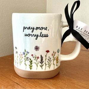 Rae Dunn White Mug with Black Script and Multicolor Floral Border